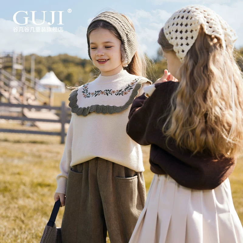Girls Embroidered Crew-Neck Sweater - Preppy Knit Base Layer
