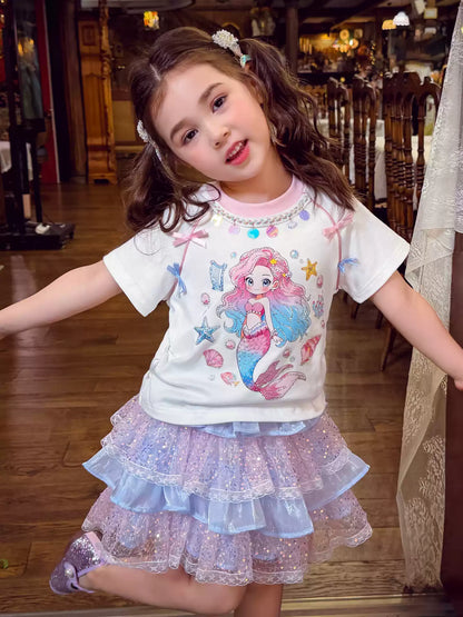 Girls Cartoon Tee & Cake Skirt Set - Sweet Summer Mix & Match