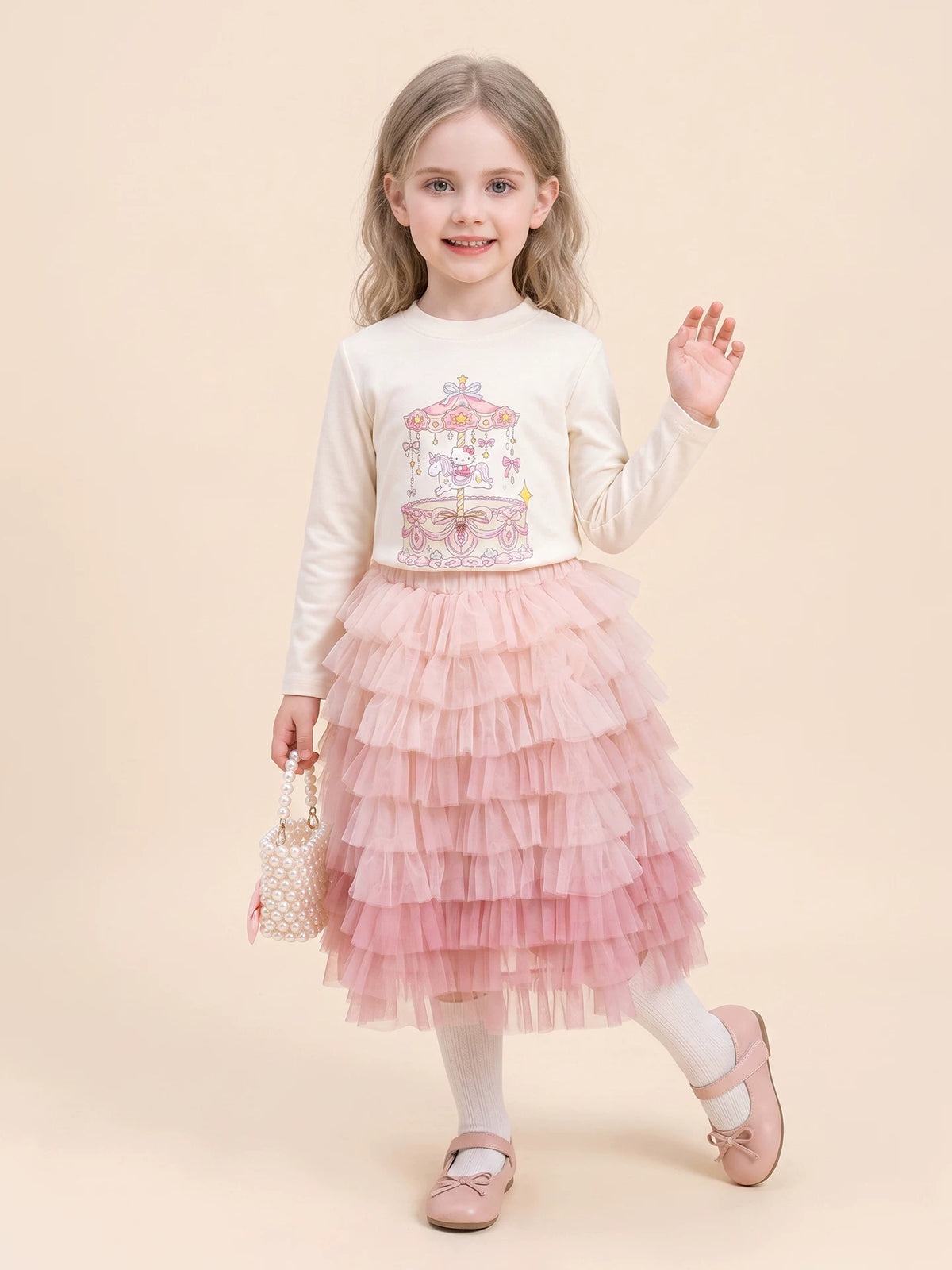 Girls Knit Cardigan, Top & Skirt Set - Cartoon Embroidered Three-Piece