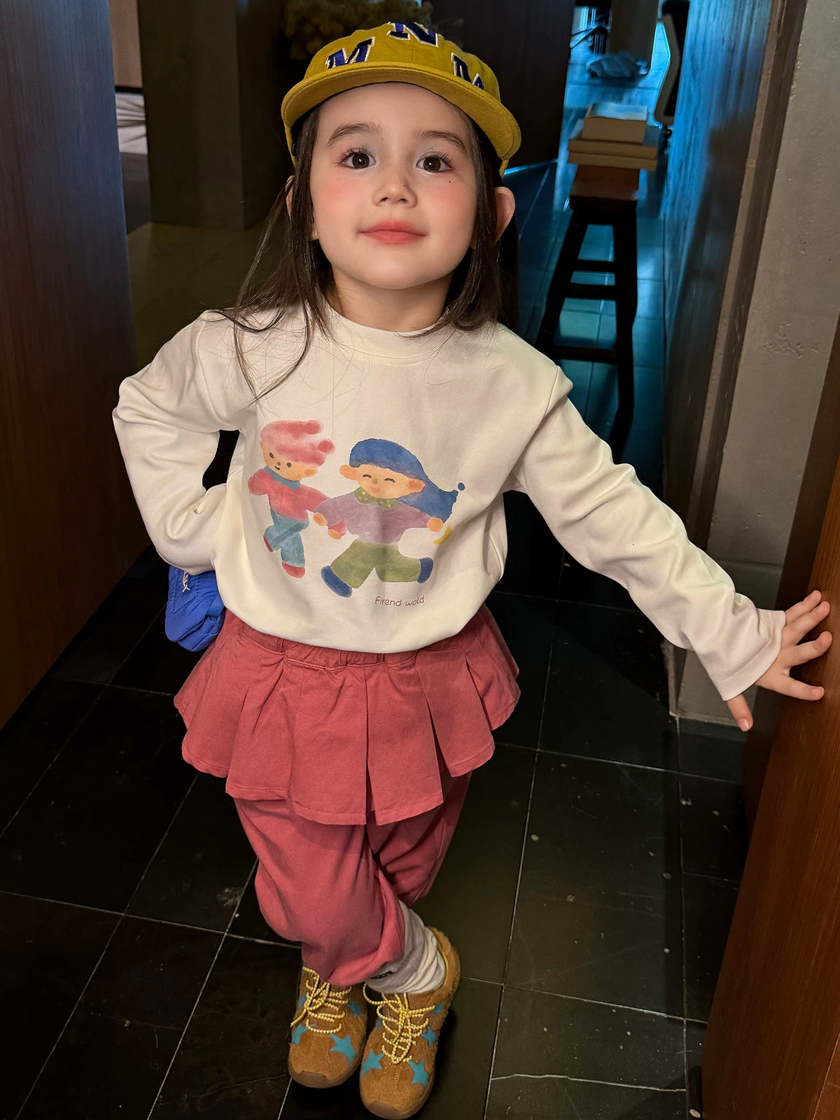 Girls Cartoon Print Tee & Skirt-Panel Pants Set - Korean Autumn Two-Piece