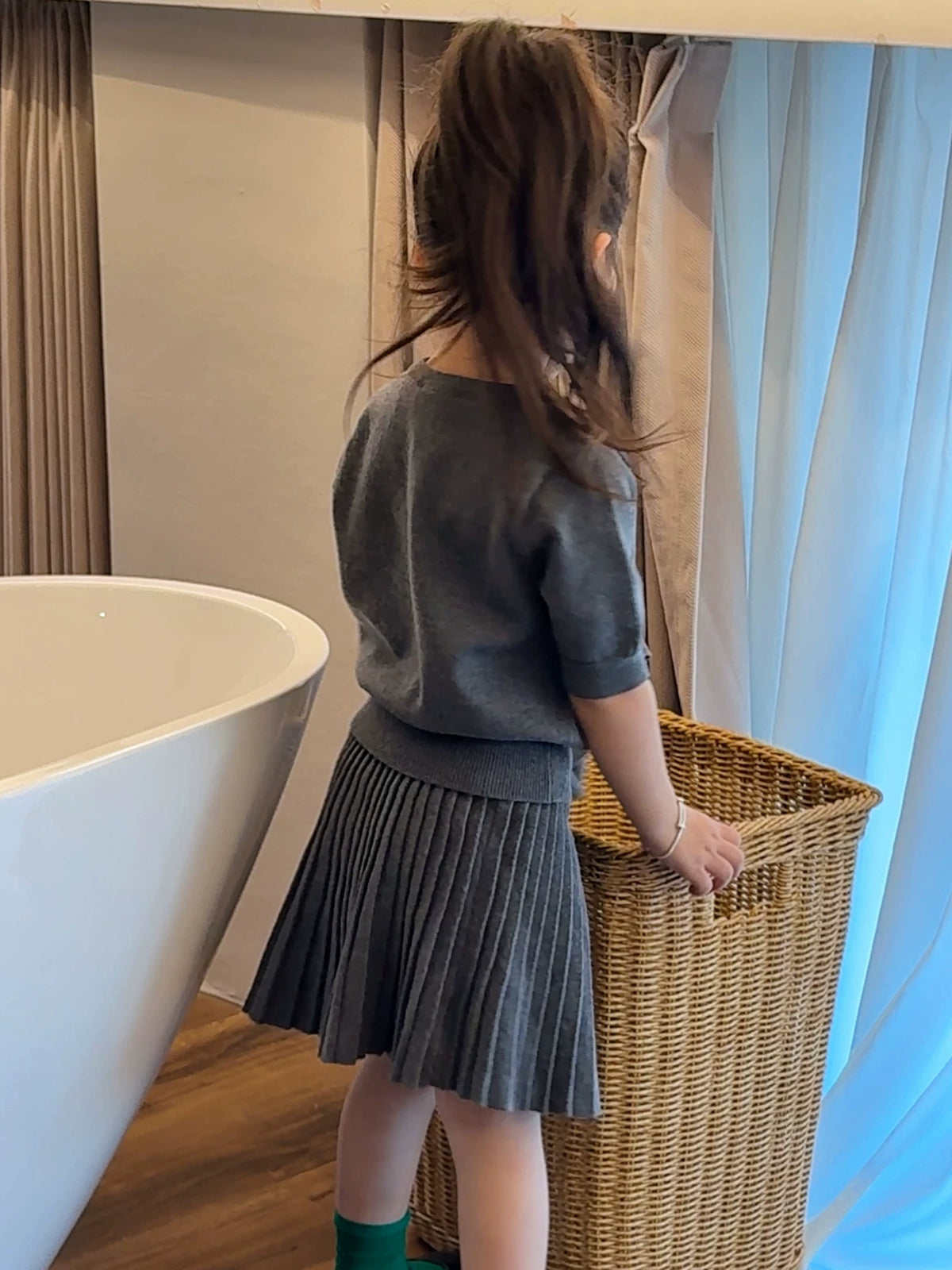 Girls Grey Knit Cardigan & Pleated Skirt Set - Preppy Three-Piece