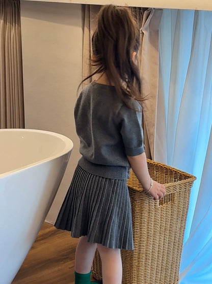 Girls Grey Knit Cardigan & Pleated Skirt Set - Preppy Three-Piece