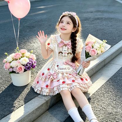 Girls Strawberry-Bunny Lolita Dress - Sleeveless Puffy Princess Gown