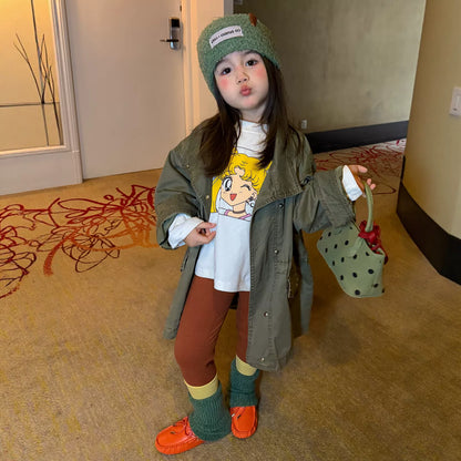Girls Mid-Length Trench Coat, Top & Leggings Set - Korean Autumn Separates