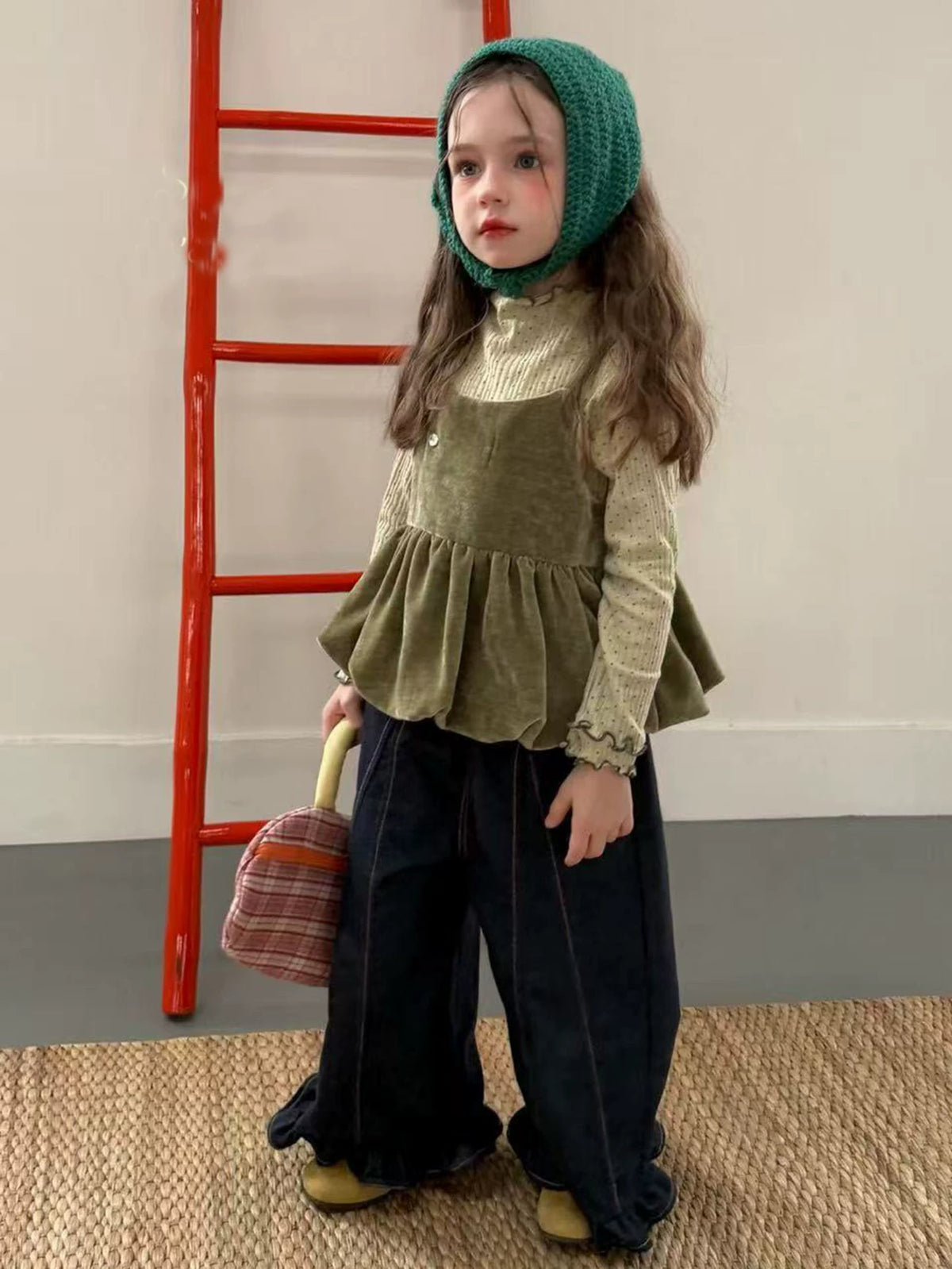 Girls Velvet Cami, Polka-Dot Top & Jeans Set - Forest-Style Autumn Three-Piece