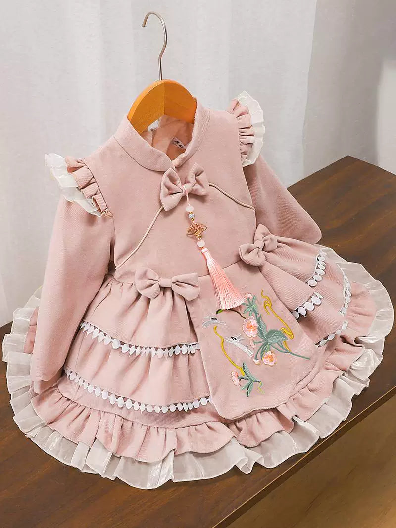 Girls Fleece-Lined New-Year Lolita Dress - Wine Red / Pink Princess Gown