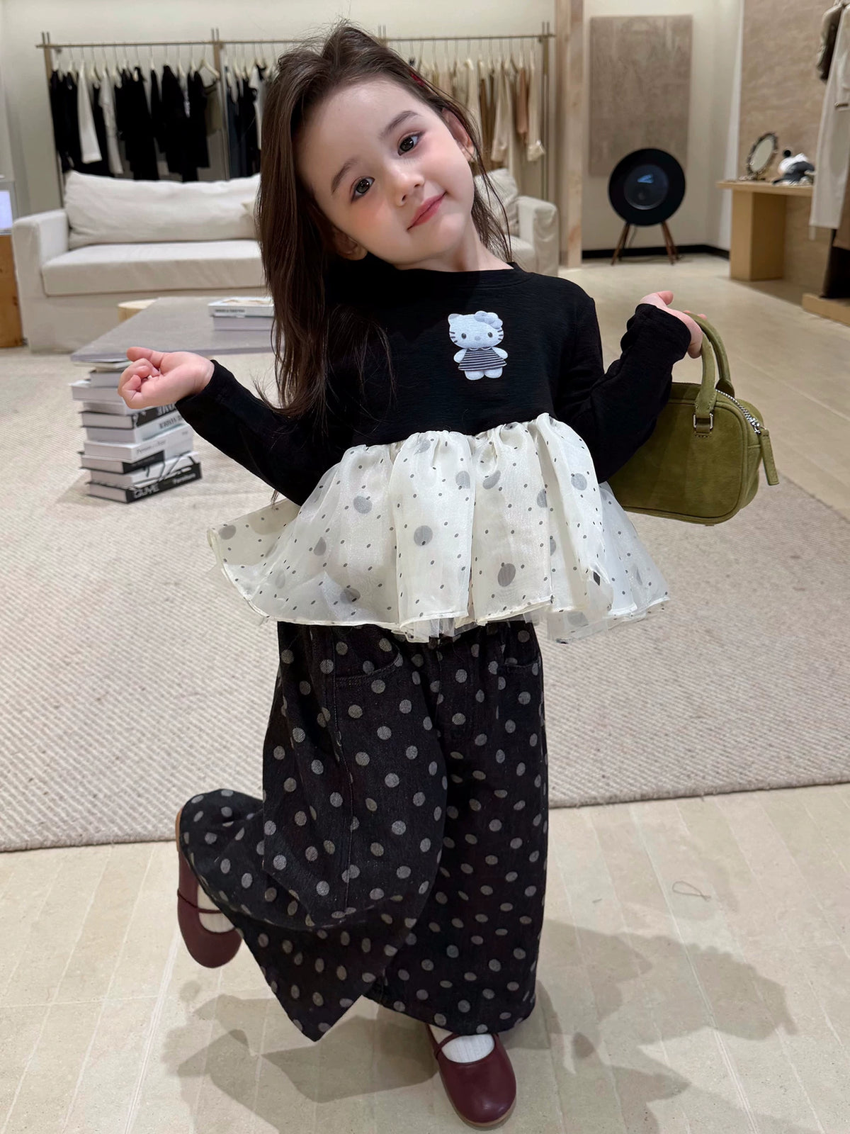 Girls Mesh-Panel Kitty Top & Polka Dot Pants Set - Sweet Autumn Two-Piece