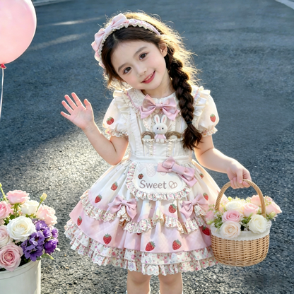 Girls Strawberry Lolita Sundress - Cute Puffy Princess Dress with Hair Accessory