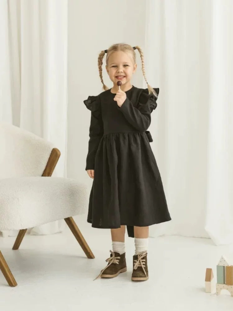Girls Nordic Linen Dress - Black Long-Sleeve Autumn
