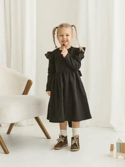 Girls Nordic Linen Dress - Black Long-Sleeve Autumn