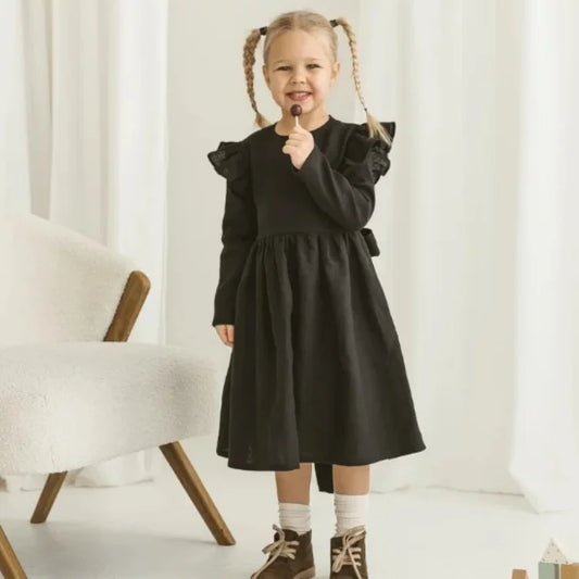 Girls Nordic Linen Dress - Black Long-Sleeve Autumn