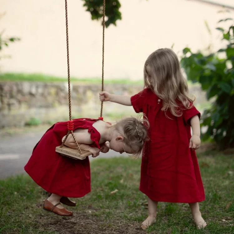 Girls Nordic Pure Linen Dress - Red Long-Sleeve Autumn