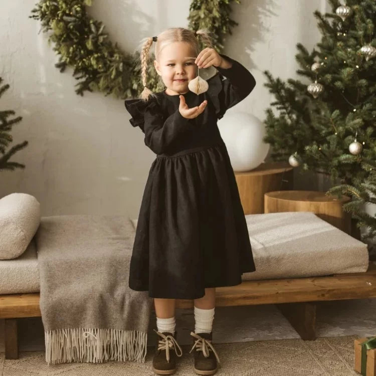 Girls Nordic Linen Dress - Black Long-Sleeve Autumn