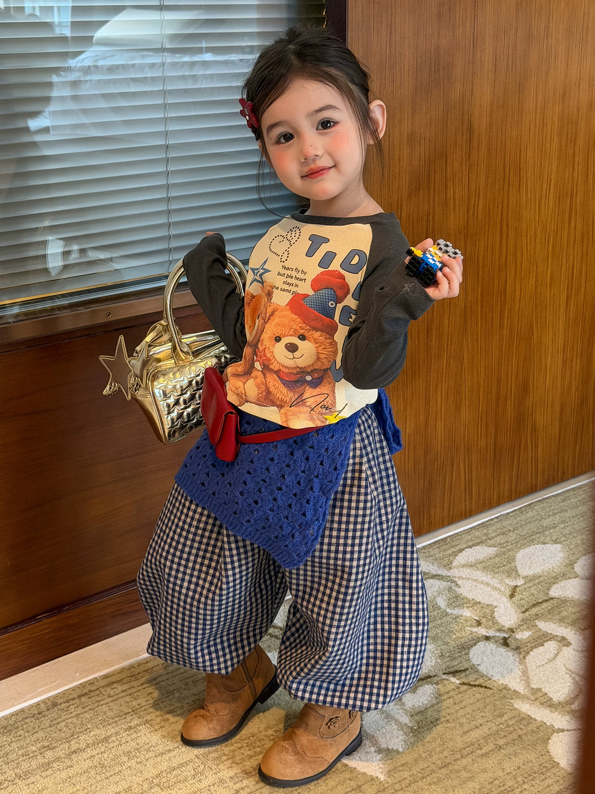 Girls Bear Print Tee & Plaid Pants Set - Autumn Two-Piece