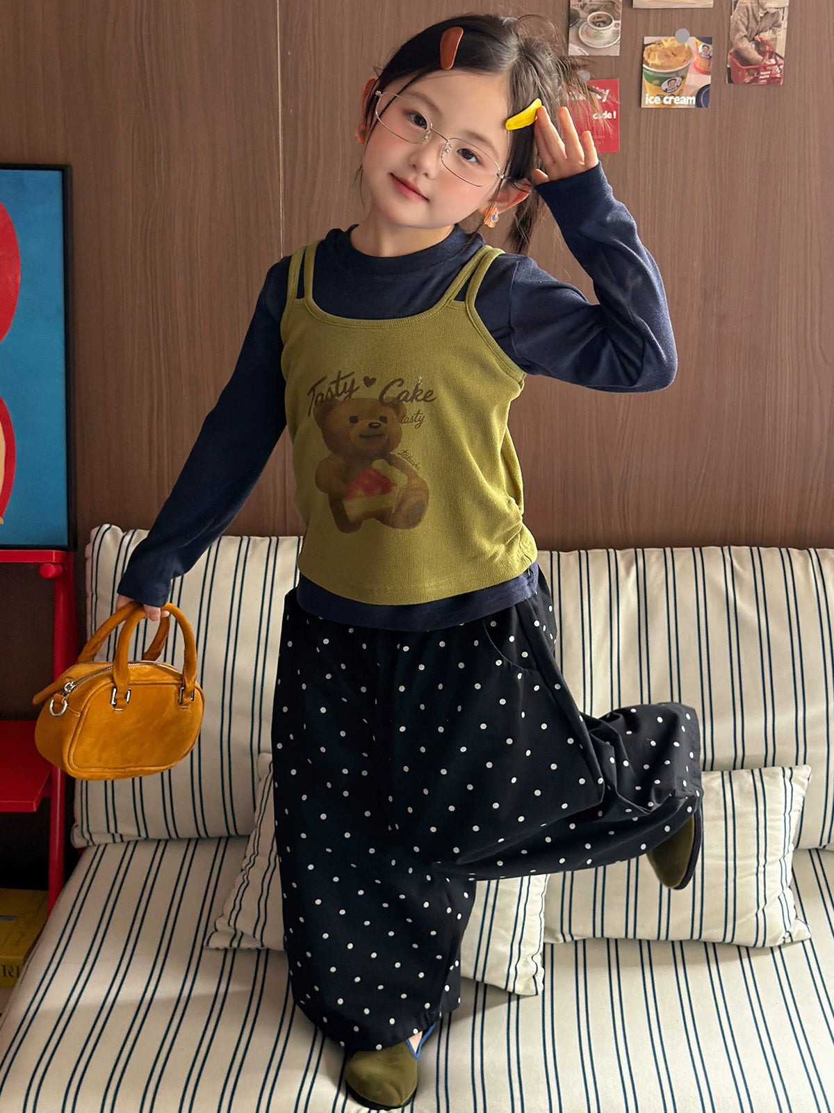 Girls Cami-Layered Tee & Polka-Dot Pants Set - Early-Autumn Three-Piece