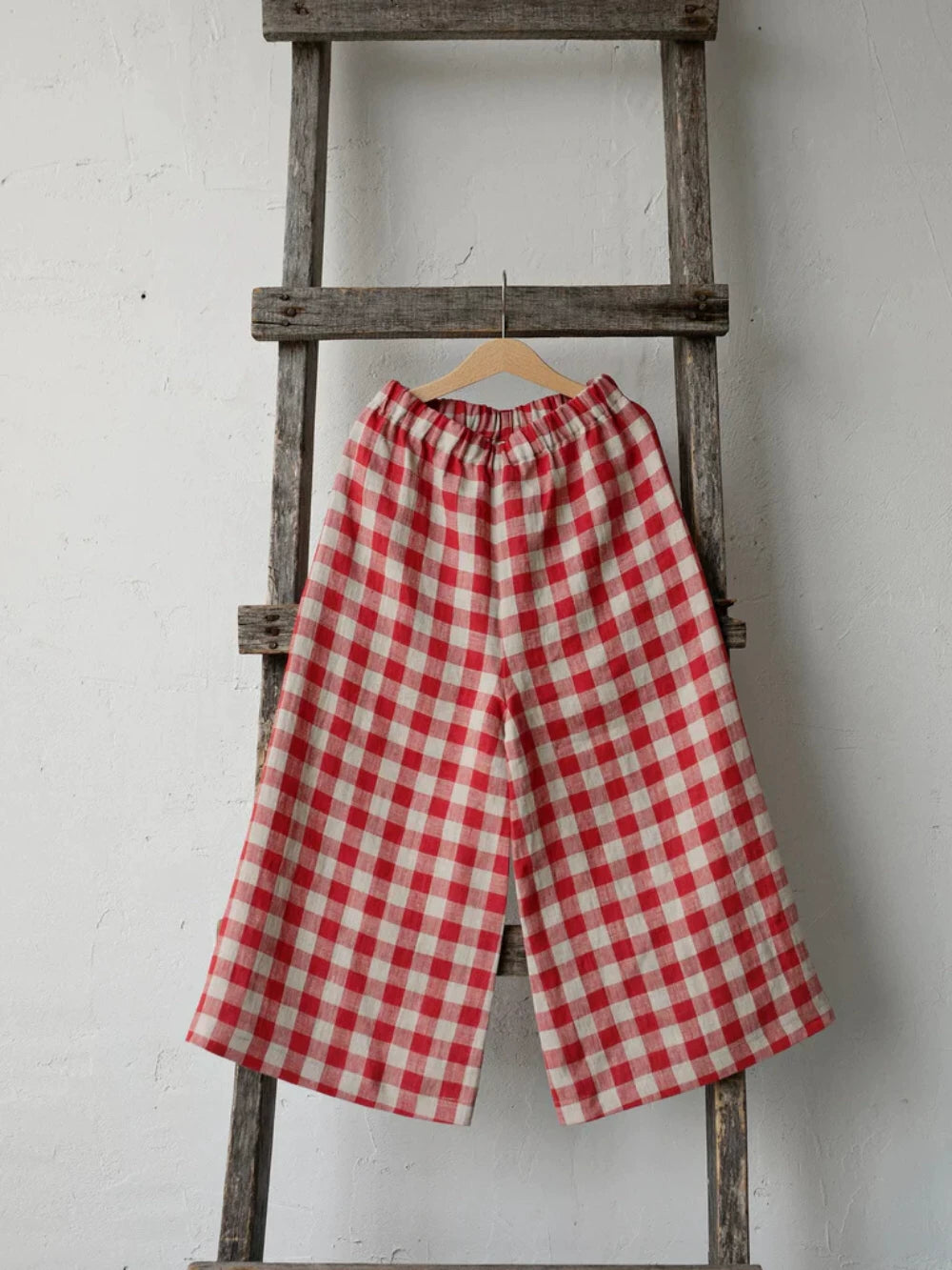 Red Plaid Pure Linen Wide-Leg Pants - Relaxed Spring Summer