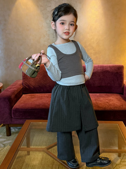 Girls Layered Tee & Skirt-Panel Trousers Set - Smart Autumn