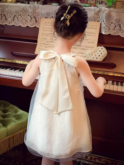Girls Halter-Neck Sundress - Chic Mesh Princess Dress with Bow