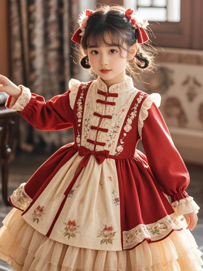 Girls Chinese-Style New-Year Lolita Dress - Red Fleece-Lined Birthday Gown