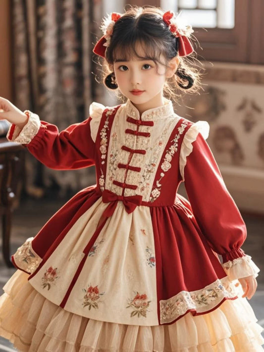 Girls Chinese-Style New-Year Lolita Dress - Red Fleece-Lined Birthday Gown