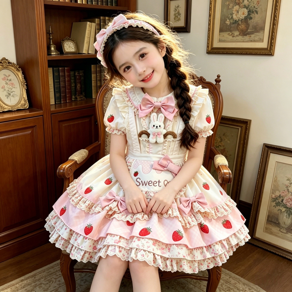 Girls Strawberry-Bunny Lolita Dress - Sleeveless Puffy Princess Gown