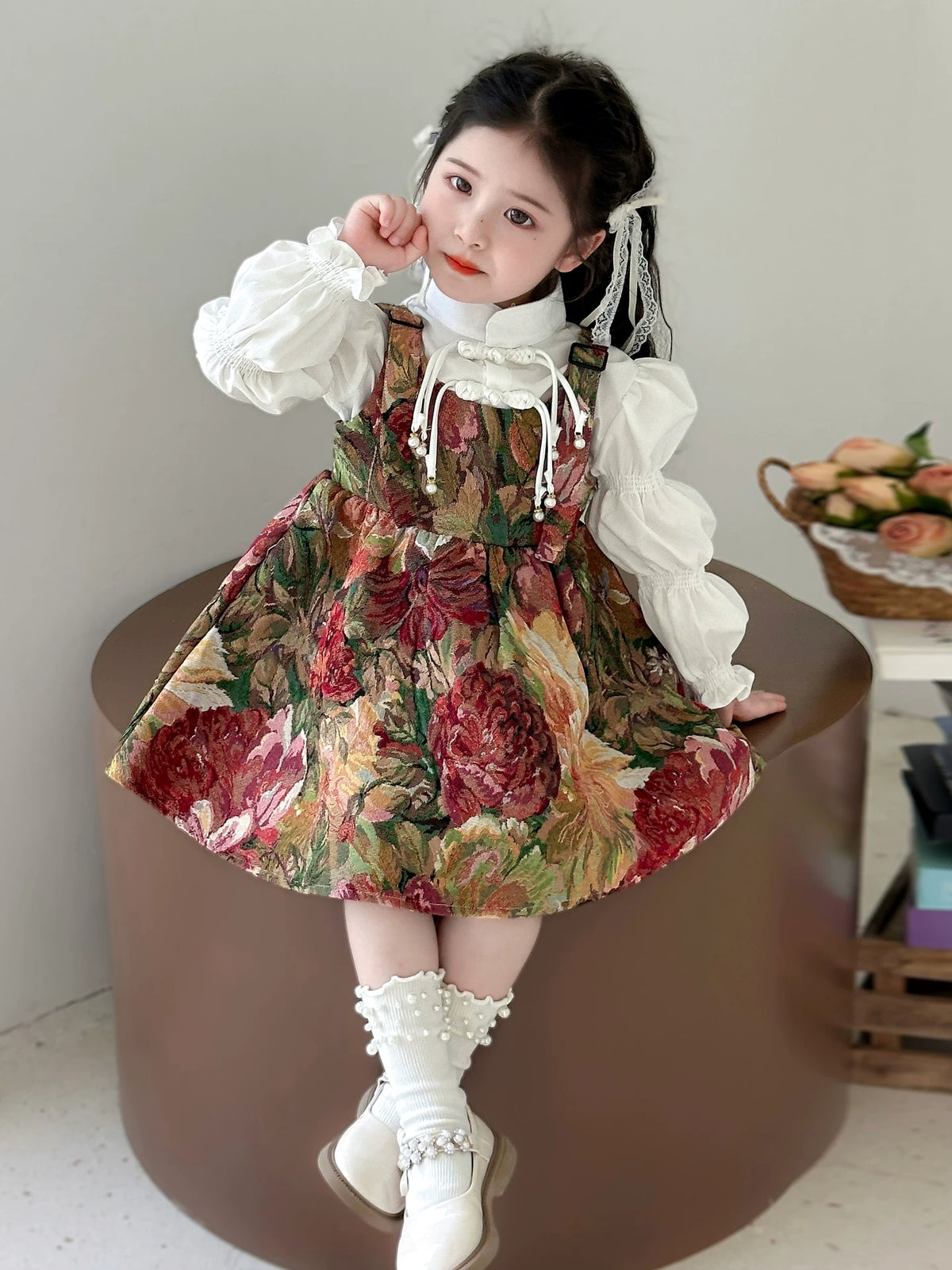 Girls pinafore dress with knot-button blouse, full outfit
