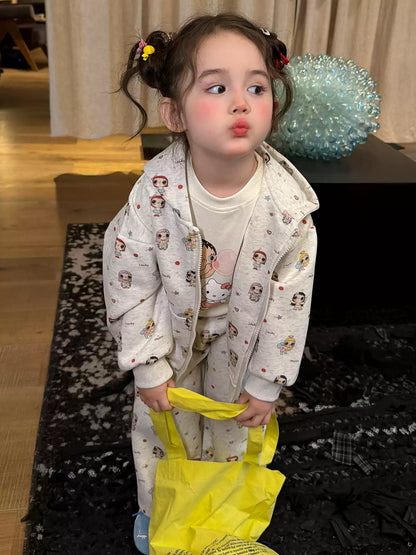 Girls Cartoon All-Over Print Hoodie & Pants Set - Autumn Two-Piece with Bonus Tee