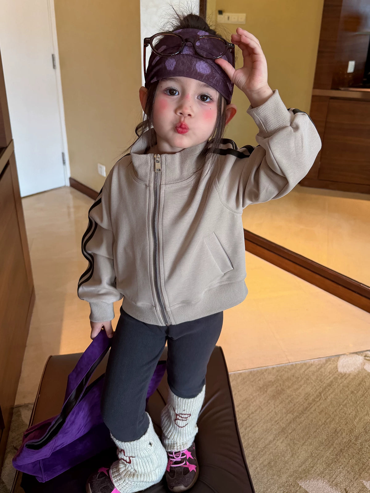 Girls Stand-Collar Zip Jacket & Leggings Set - Sporty Korean Autumn Two-Piece