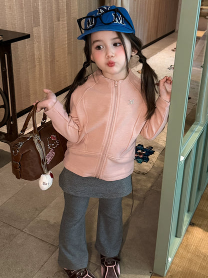 Girls Zip-Front Sweatshirt & Skirt-Panel Flare Pants Set - Autumn Separates