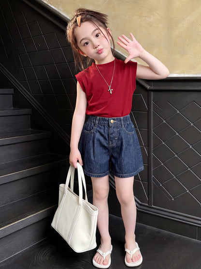 Girls Red Tee & Wide-Leg Denim Shorts Set - Cool Summer Outfit