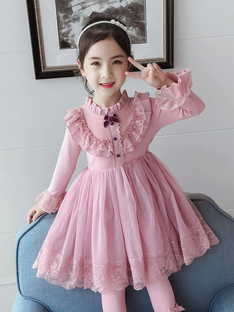 Girls Fleece-Lined Tulle Princess Dress - Three-Button Long-Sleeve Gown with Legging Options