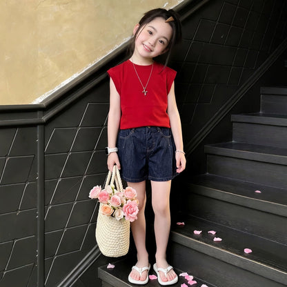 Girls Red Tee & Wide-Leg Denim Shorts Set - Cool Summer Outfit