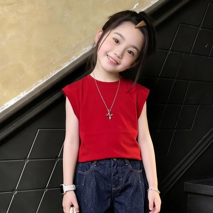 Girls Red Tee & Wide-Leg Denim Shorts Set - Cool Summer Outfit