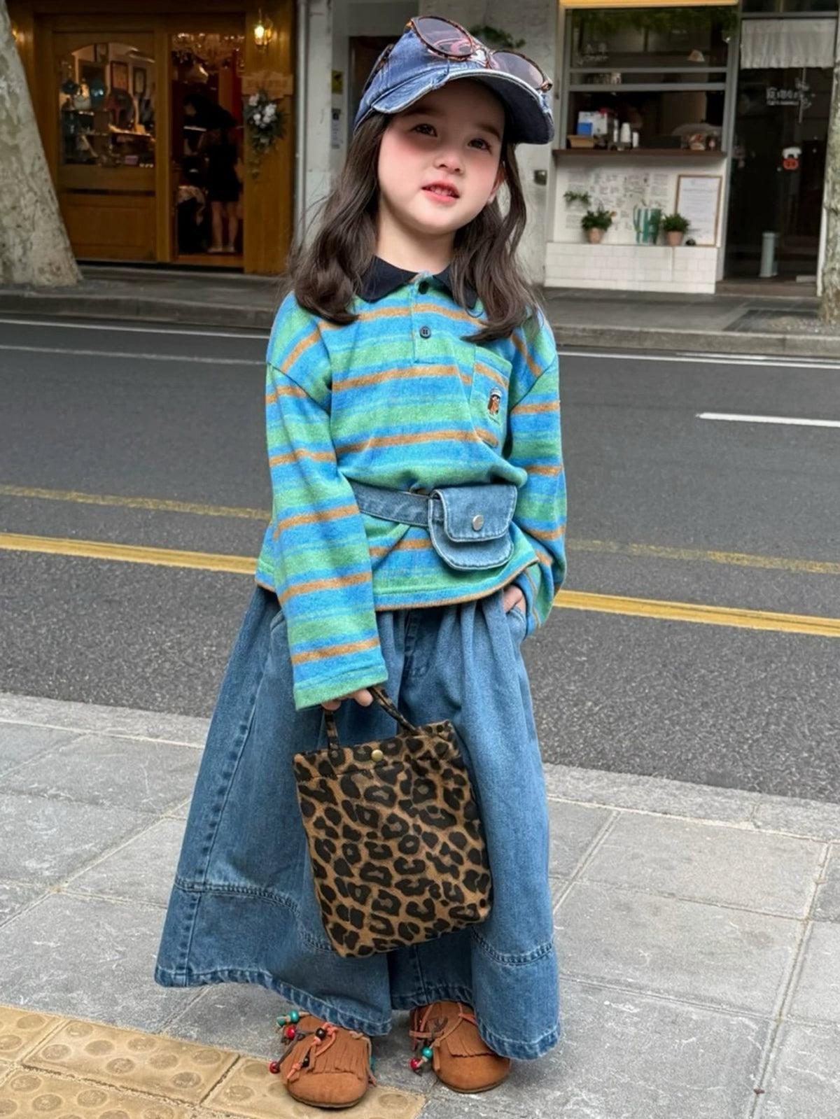 Girls Striped Polo & Wide-Leg Jeans Set - Retro Autumn with Mini Bag