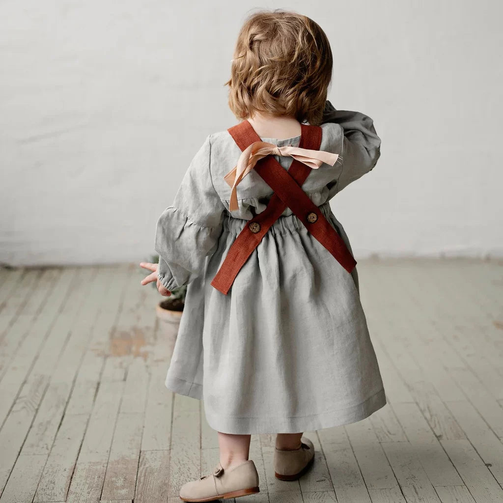 Girls Nordic Linen Pinafore Dress - Contrast-Strap Custom Colour