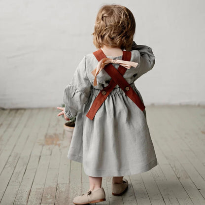 Girls Nordic Linen Pinafore Dress - Contrast-Strap Custom Colour