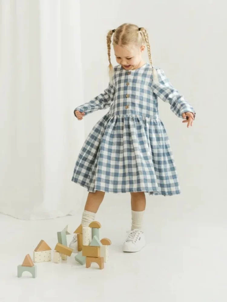Girls Nordic Linen Dress - Blue-White Gingham Autumn