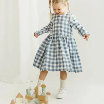 Girls Nordic Linen Dress - Blue-White Gingham Autumn