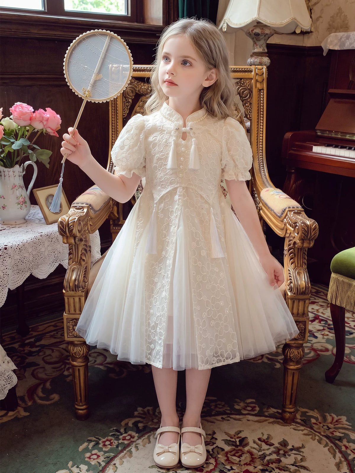 Girls Qipao-Style Dress - Chinese-Style Mesh Princess Dress
