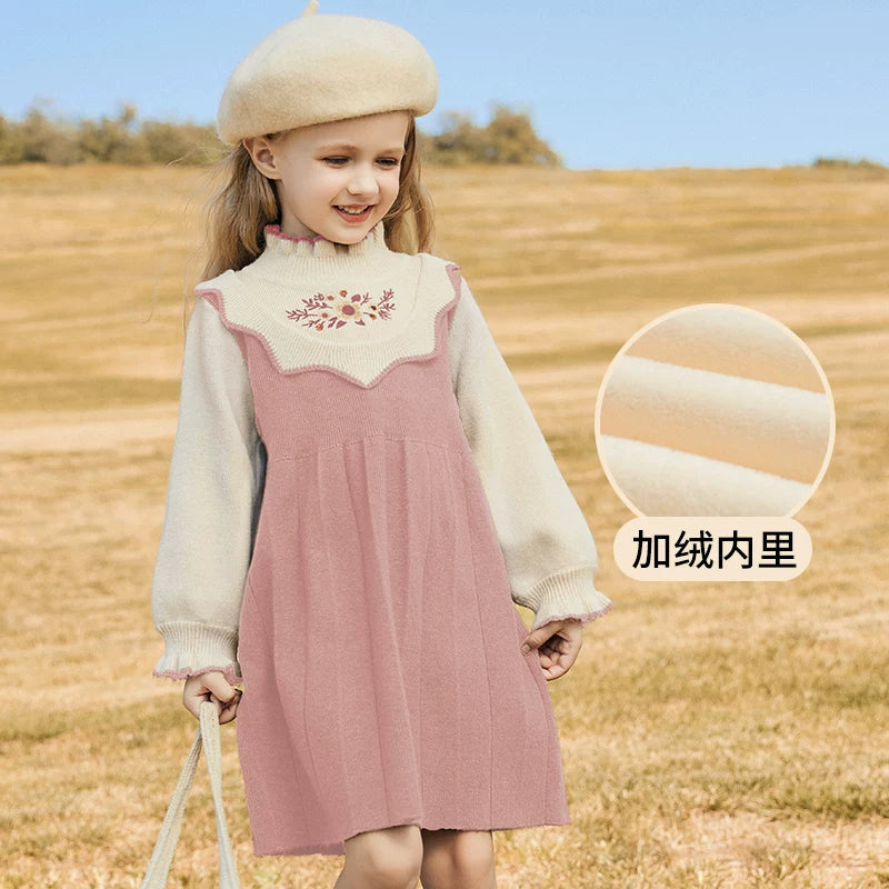 Girls Preppy Princess Sweater Dress - Embroidered Knit Midi, Fleece Options