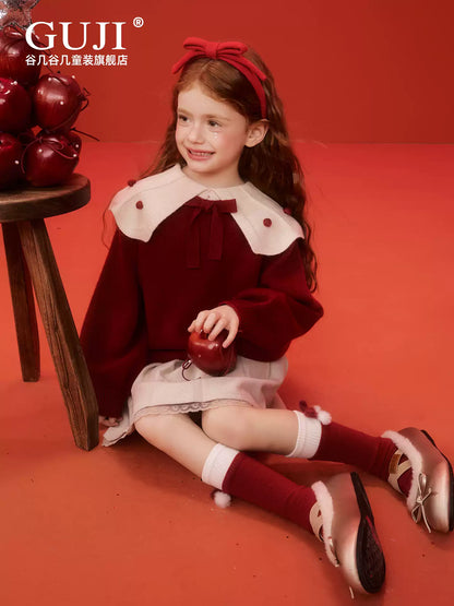 Girls Christmas Collared Sweater - Red Princess Knit Cardigan