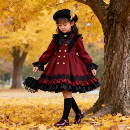Girls French-Court Lolita Dress - Red Birthday Gala Puffy Gown, Unlined or Fleece-Lined