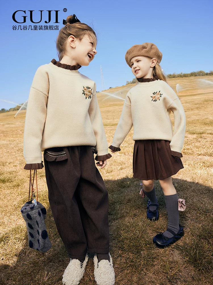 Girls Fleece-Lined Sweater - Cosy Ruffle-Trim Knit Pullover