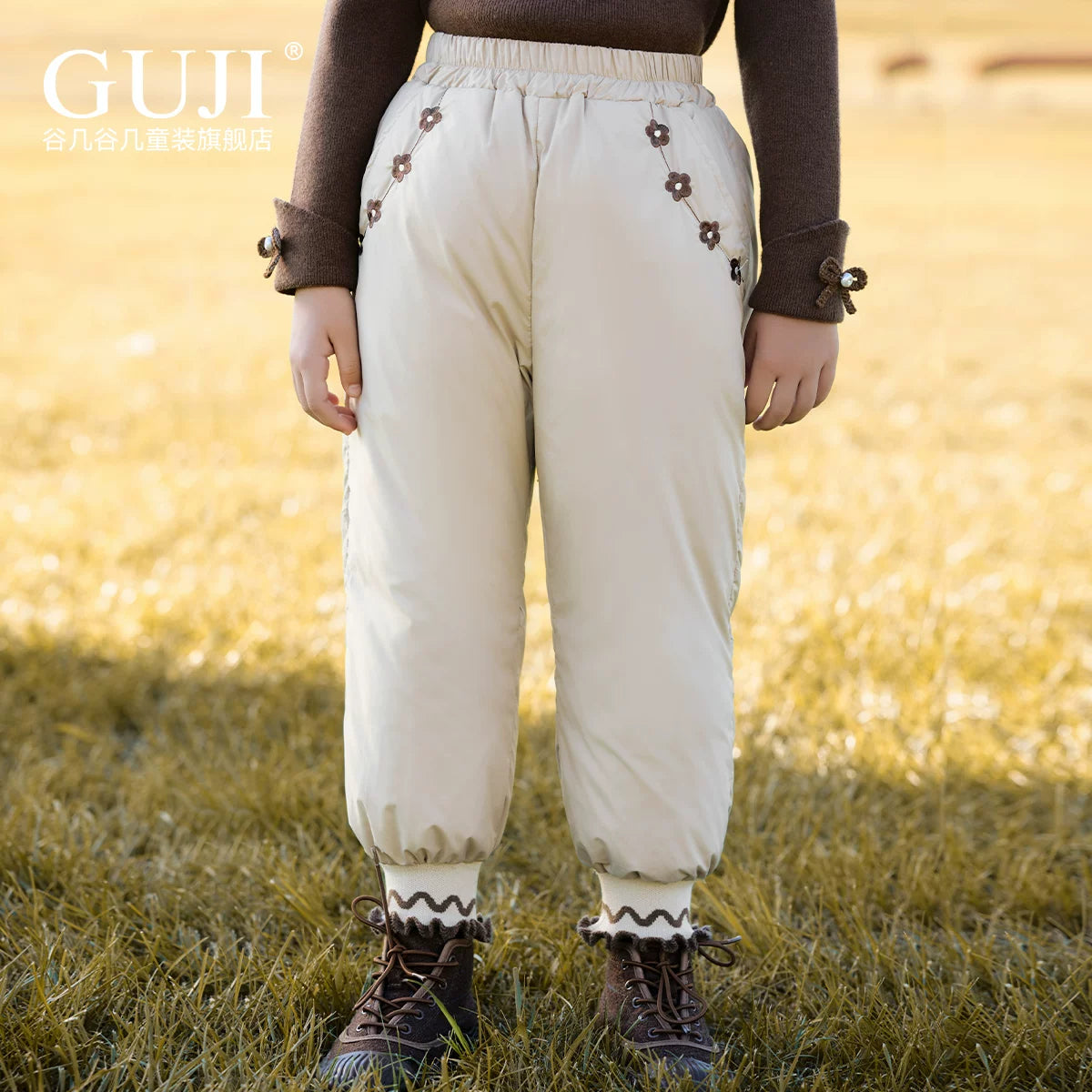 Girls Down-Lined Winter Pants - High-Waist Windproof Warm Trousers