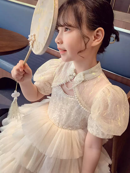 Girls Tulle Cake Dress - Puffy Princess Gown in Apricot