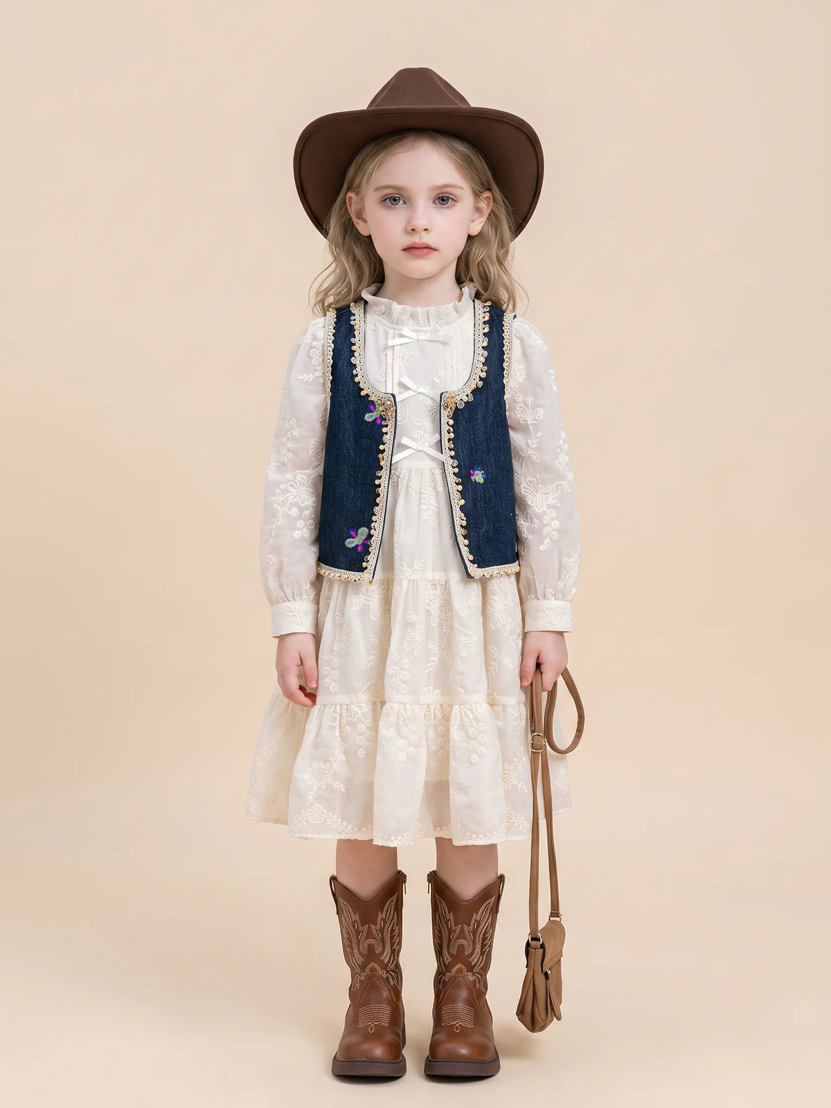 Girls Tea-Break Lace Dress & Denim Vest Set - Autumn Separates