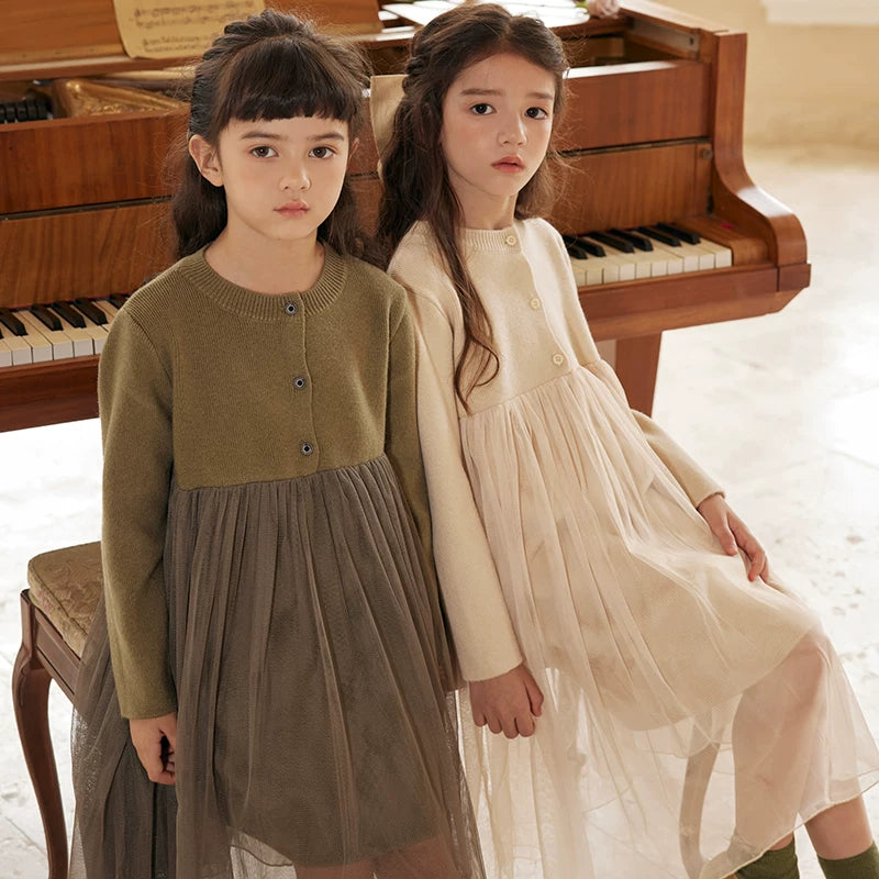 Girls Princess Tulle Sweater Dress - Midi Knit Gown with Mesh Skirt
