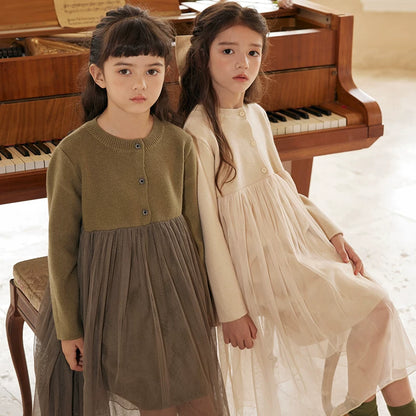 Girls Princess Tulle Sweater Dress - Midi Knit Gown with Mesh Skirt