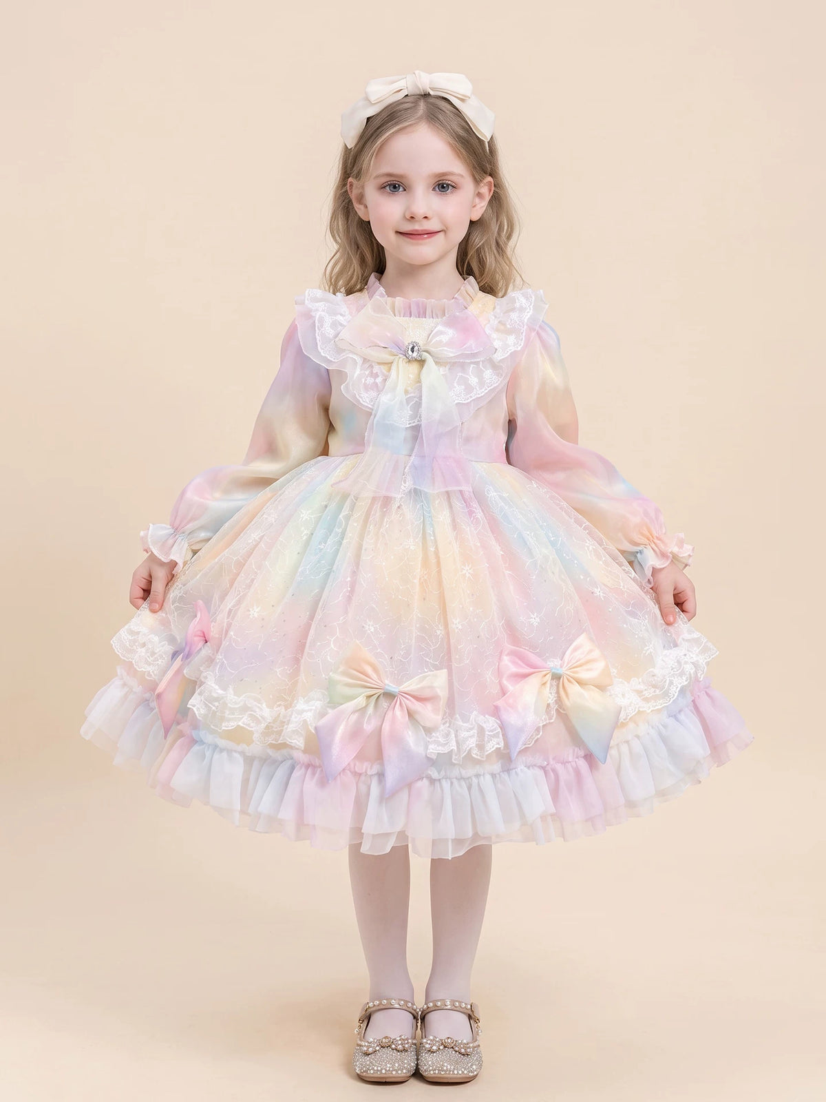 Girls Long-Sleeve Lolita Dress - Puffy Tulle Princess Dress in Pink