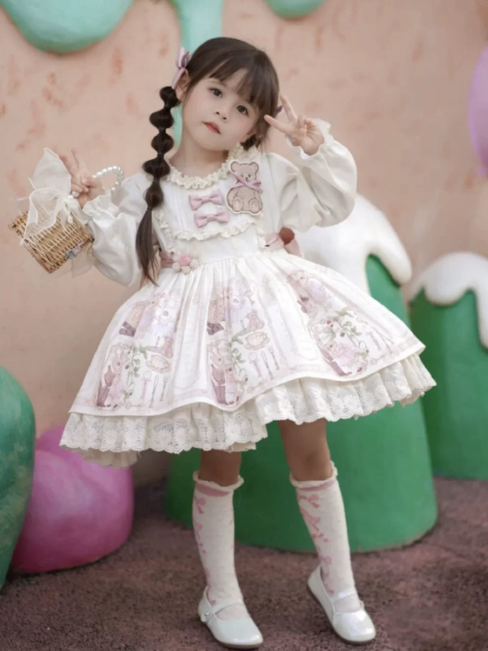 Girls Teddy-Bear Lolita Dress - Fleece-Lined Cosy Birthday Princess Gown